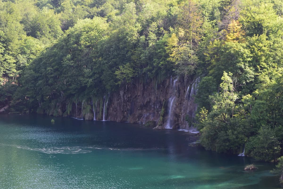 A serene view of cascading waterfalls and lush greenery in Croatia's Plitvice Lakes National Park.